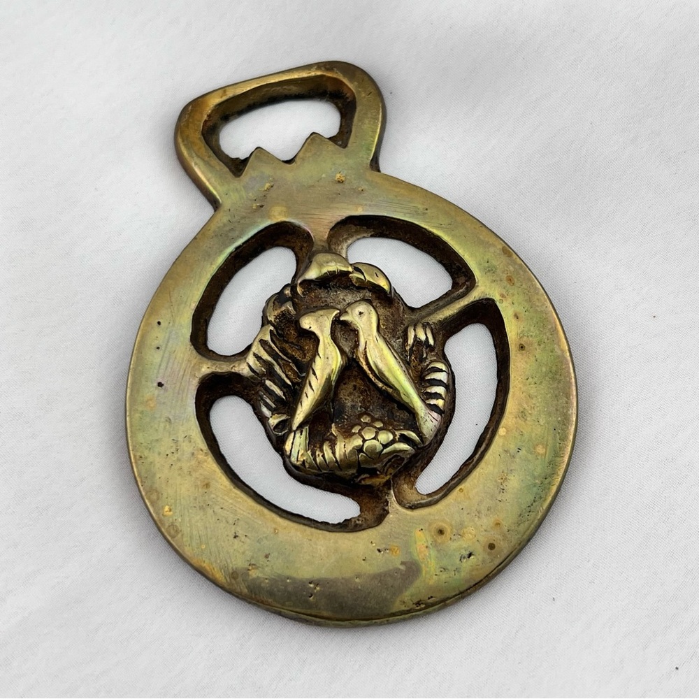 Brass Horse Medallion Vintage English Love Bird Nest Robin Parade Bridle Harness